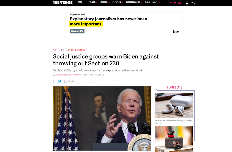 Social justice groups warn Biden against throwing out Section 230