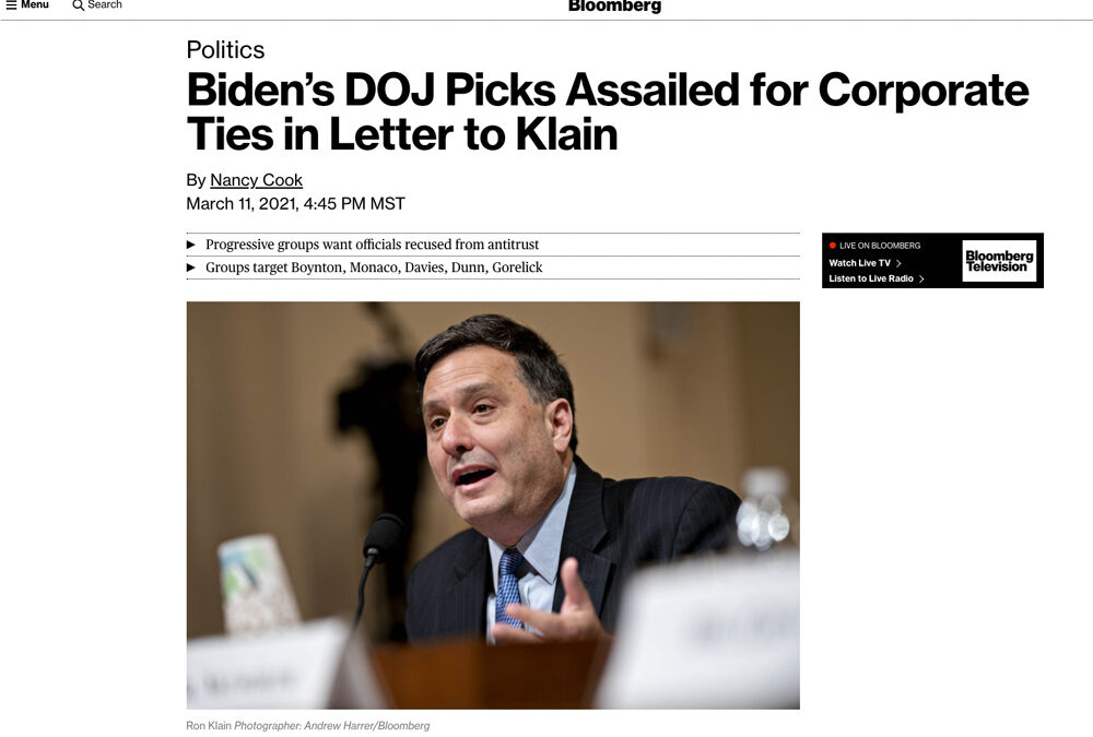 Biden’s DOJ Picks Assailed for Corporate Ties in Letter to Klain